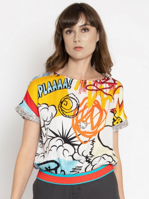 

SHAYE Multicoloured Comic Print Extended Sleeves Top, Multi