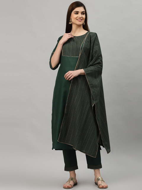 

ALC Creations Women Green Gotta Patti Pure Cotton Kurta with Trousers & Dupatta