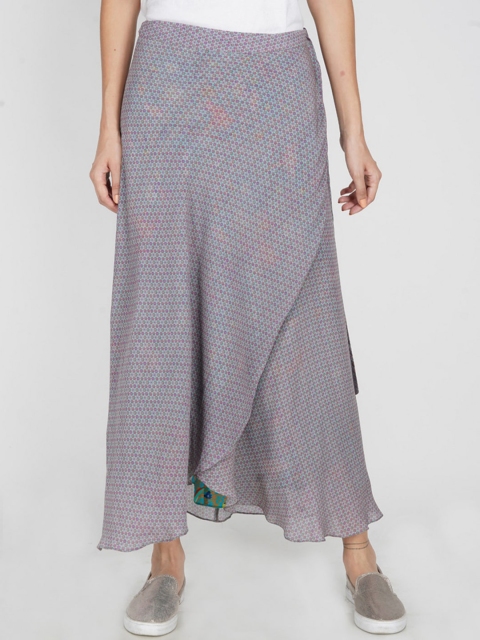 

SHAYE Women Grey & Pink Printed Wrap Midi Skirt