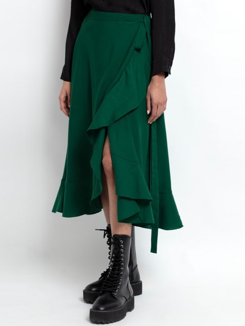 

SHAYE Women Green Solid Ruffled Wrap Midi Skirt