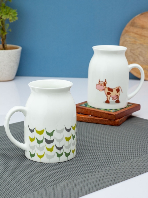 

CLAY CRAFT Set Of 2 White & Green Printed Ceramic Glossy Mugs