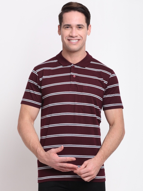 

VENITIAN Men Maroon Striped Polo Collar Pockets T-shirt