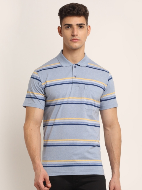 

VENITIAN Men Blue Striped Polo Collar Pockets T-shirt