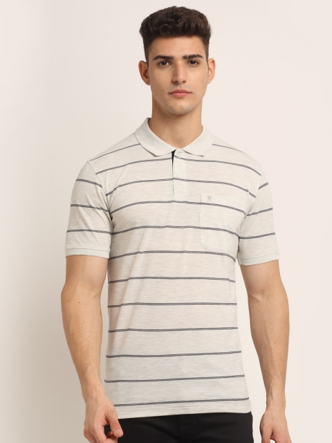 

VENITIAN Men Off White & Grey Striped Polo Collar Cotton T-shirt