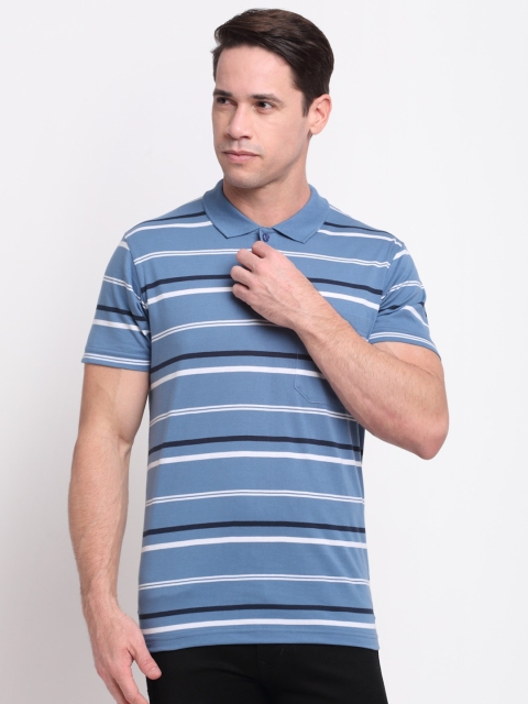 

VENITIAN Men Blue Striped Polo Collar Pockets T-shirt