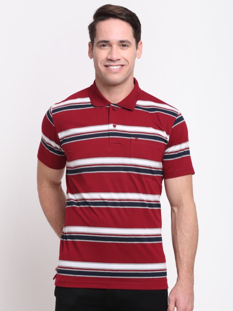 

VENITIAN Men Maroon Striped Polo Collar Pockets T-shirt