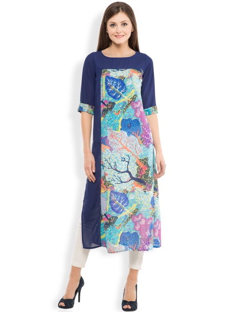 Vishudh Women Blue Printed Straight Kurta available at myntra for Rs.399