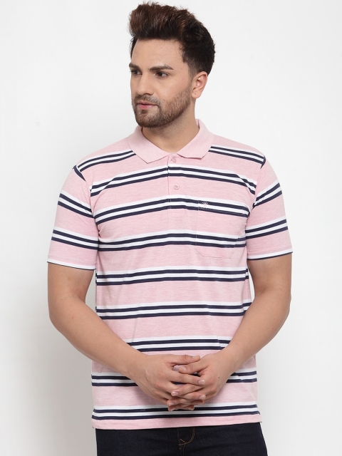 

VENITIAN Men Pink Striped Polo Collar Pockets T-shirt