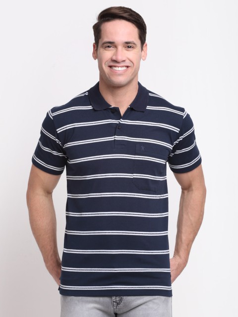 

VENITIAN Men Navy Blue Striped Polo Collar Pockets T-shirt
