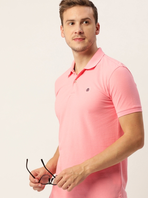 

PETER ENGLAND UNIVERSITY Men Pink Self Designed Polo Collar Slim Fit T-shirt