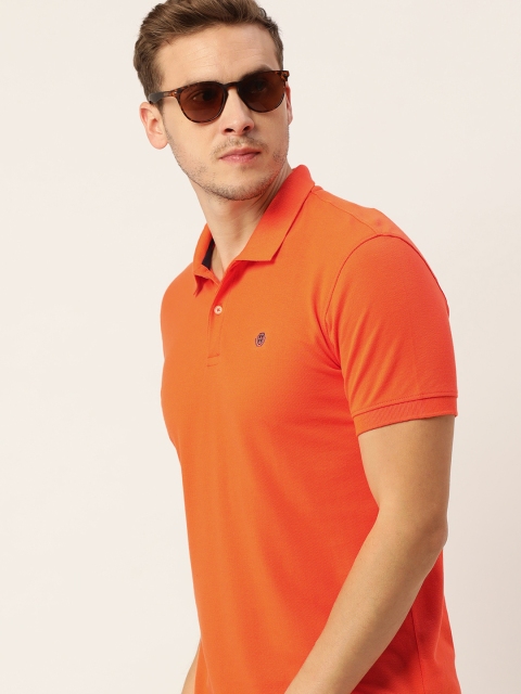 

PETER ENGLAND UNIVERSITY Men Orange Self Designed Polo Collar Slim Fit T-shirt