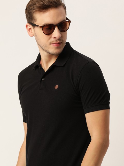 

PETER ENGLAND UNIVERSITY Men Black Self Designed Polo Collar Slim Fit T-shirt