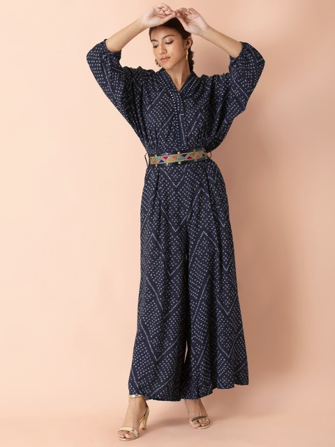 

Earthen BY INDYA Navy Chevron Embellished Belted Flared Jumpsuit, Navy blue
