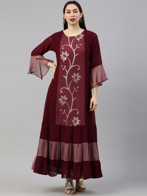 

GOLDSTROMS Women Maroon Ethnic Motifs Sequinned Georgette Kurta