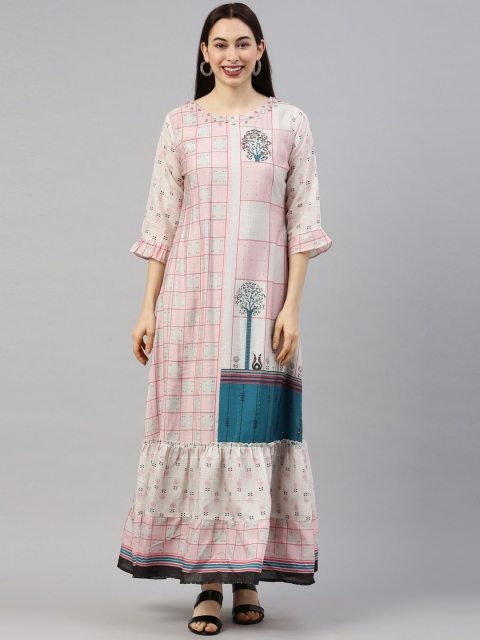 

GOLDSTROMS Women Pink & Blue Checked Bell Sleeves Anarkali Kurta