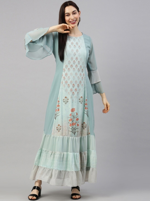 

GOLDSTROMS Women Sea Green Floral Printed Flared Sleeves Georgette Anarkali Kurta