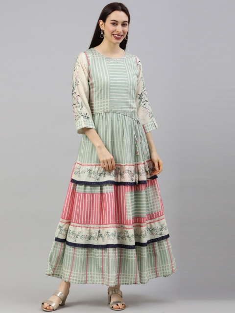 

GOLDSTROMS Women Green, White & Pink Striped Anarkali Kurta