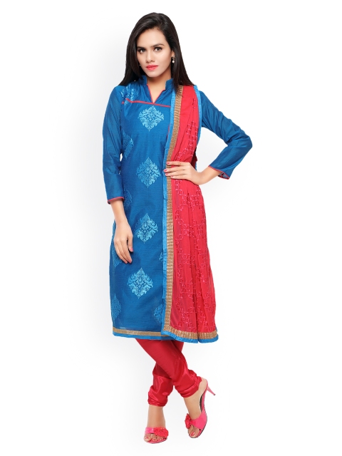 

Touch Trends Blue & Red Chanderi Silk Embroidered Unstitched Dress Material