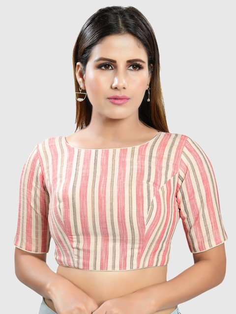 

SALWAR STUDIO Women Pink & Green Striped Readymade Saree Blouse
