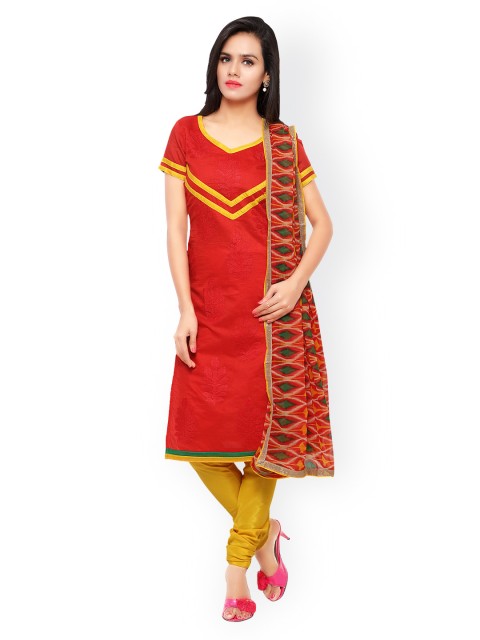 

Touch Trends Red & Yellow Embroidered Chanderi Silk Unstitched Dress Material
