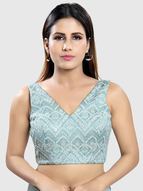 

SALWAR STUDIO Grey & White Embroidered Art Silk Readymade Saree Blouse