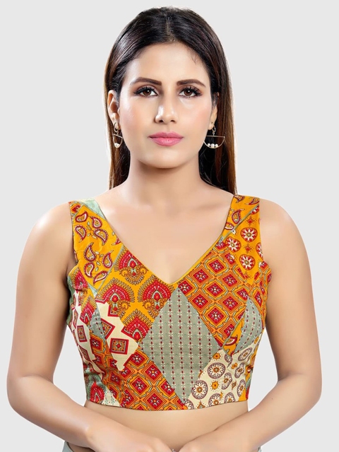 

SALWAR STUDIO Women Mustard Yellow Printed Readymade Saree Blouse