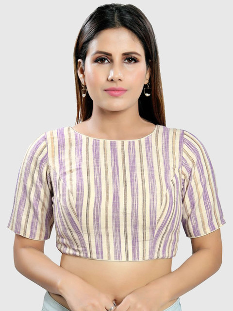 

SALWAR STUDIO Purple & Yellow Striped Cotton Blend Readymade Saree Blouse
