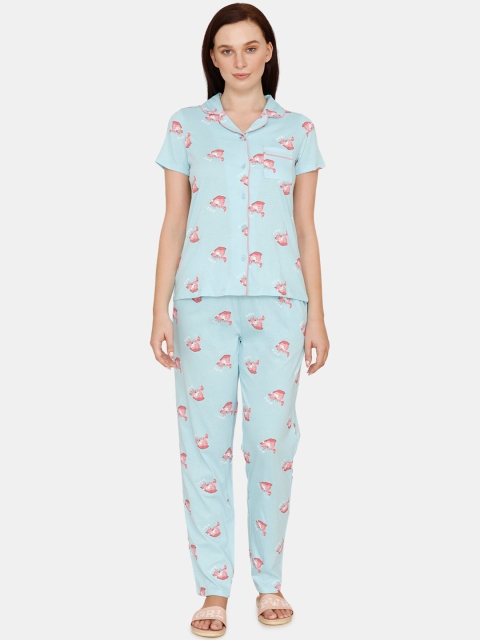 

Zivame Women Blue & Pink Pure Cotton Printed Night Suit