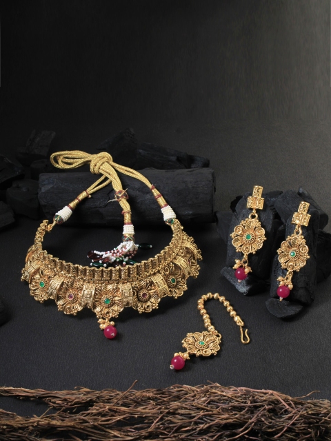 

Adwitiya Collection 24 CT Gold-Plated Pink & Green Stone Studded Jewellery Set