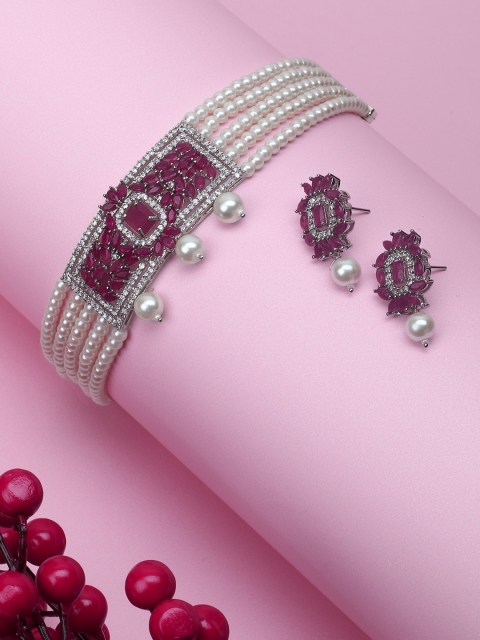 

Adwitiya Collection Gold Plated Cubic Zirconia Pearl & Ruby Choker Jewellery Set, Pink
