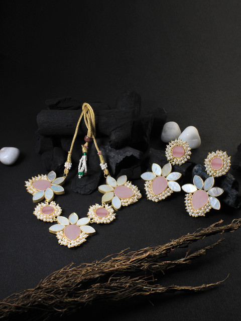 

Adwitiya Collection Gold-Plated Pink & White Stone Studded Jewellery Set