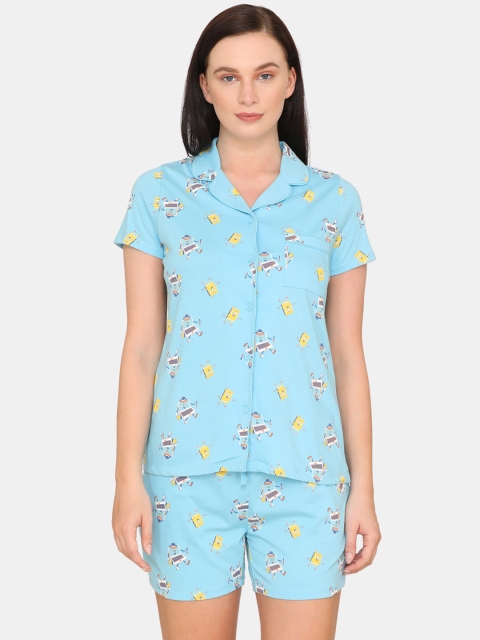 

Zivame Women Blue & Yellow Printed Night suit