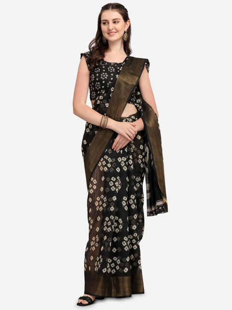 

VENISA Black & White Bandhani Printed Zari Pure Cotton Saree