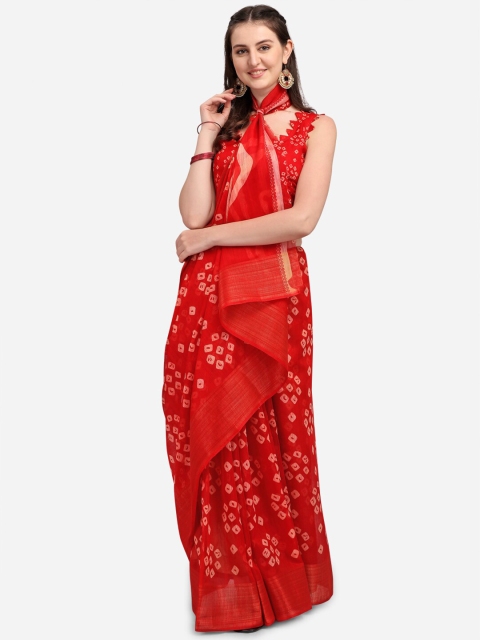 

VENISA Red & White Bandhani Zari Pure Cotton Saree