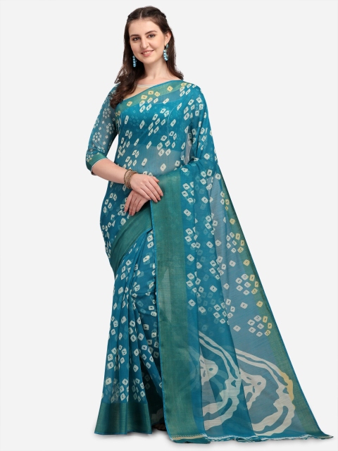 

VENISA Teal Blue & White Bandhani Zari Pure Cotton Saree