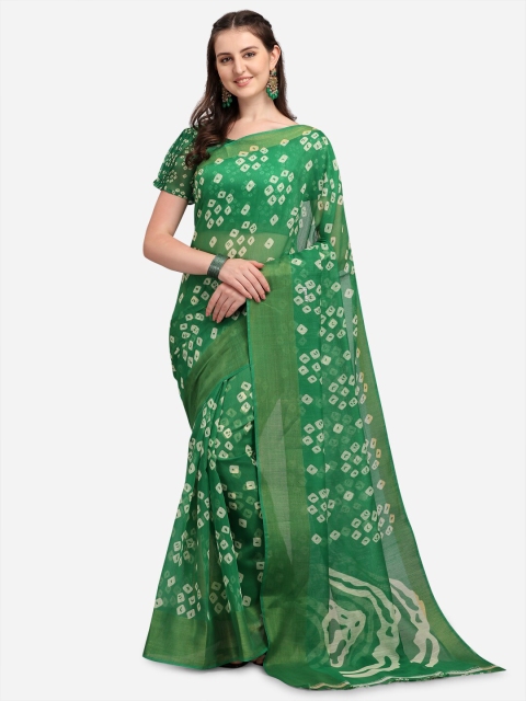 

VENISA Green & White Bandhani Pure Cotton Saree