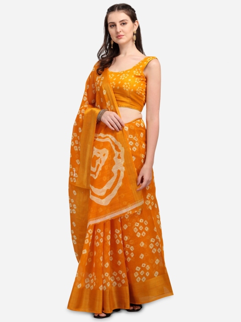 

VENISA Orange & Off White Bandhani Printed Zari Pure Cotton Saree