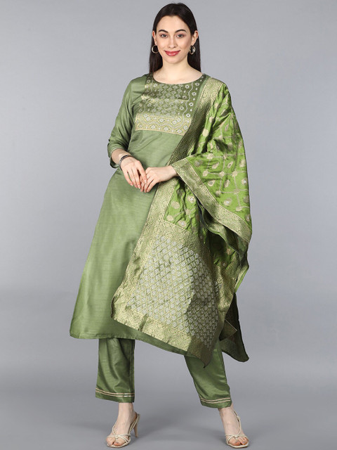 

AHIKA Women Green & Gold-Coloured Yoke Design Kurta with Trousers & Dupatta