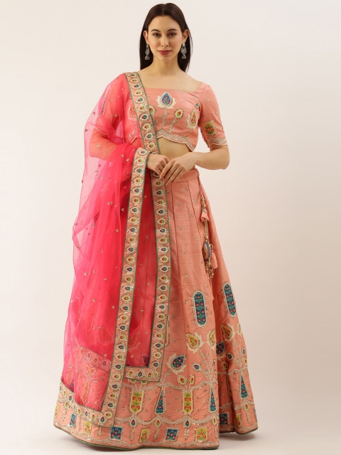 

panchhi Peach-Coloured & Blue Embroidered Thread Work Semi-Stitched Lehenga & Unstitched Blouse With Dupatta