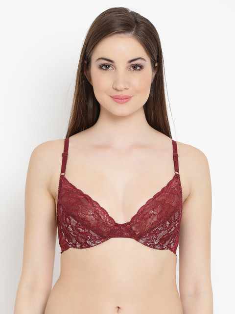 

Clovia Lacy Non-Padded Bridal Demi Cup Bra - Maroon