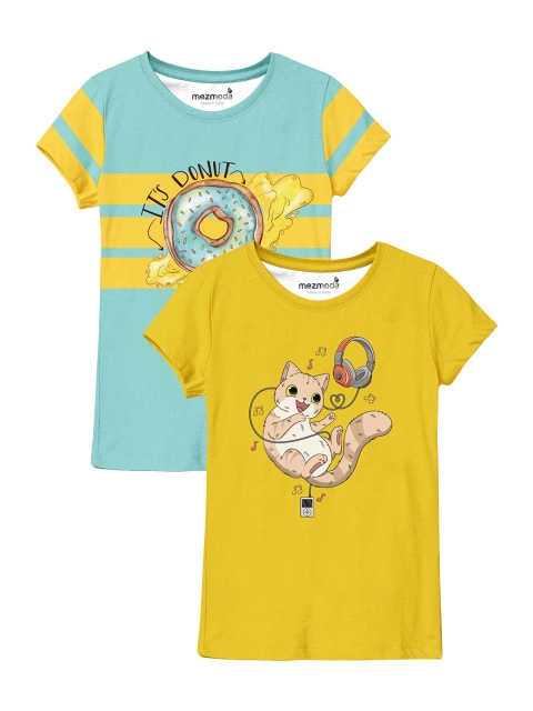 

mezmoda Girls Pack Of 2 Yellow & Blue Printed T-shirt