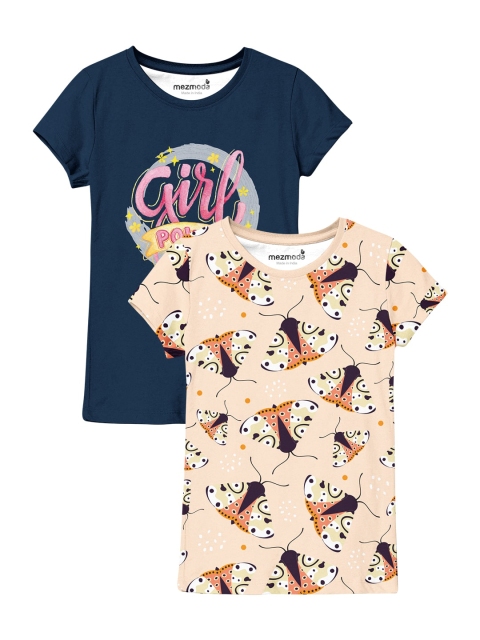 

mezmoda Girls Blue & Peach-Coloured Set Of 2 Printed T-shirt