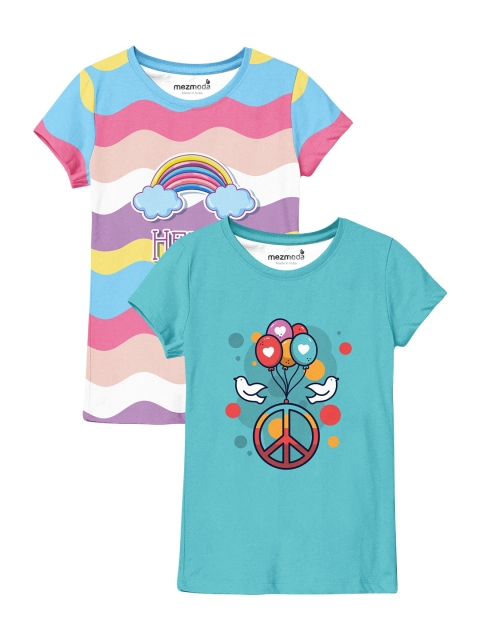 

mezmoda Girls Pack Of 2 Blue & Pink 2 Printed T-shirt
