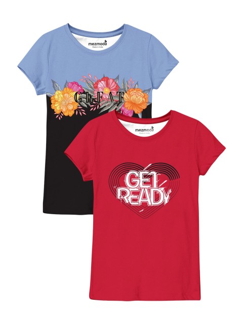 

mezmoda Girls Pack of 2 Printed T-shirt, Red