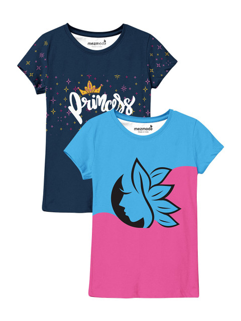 

mezmoda Girls Multicoloured Set Of 2 Printed Extended Sleeves T-shirt, Blue