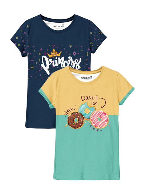 

mezmoda Girls Pack Of 2 Blue & Yellow Printed T-shirt