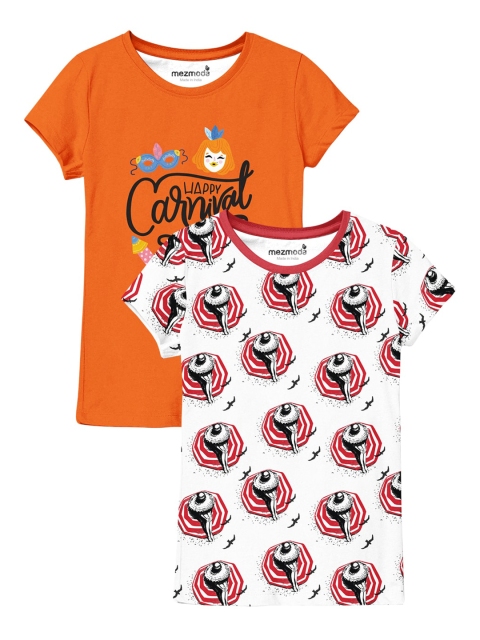 

mezmoda Girls Orange & Pink Set Of 2 Graphic Printed T-shirt