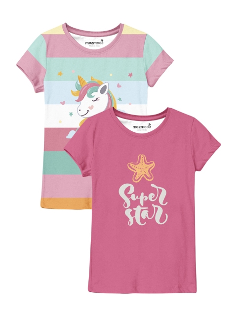 

mezmoda Girls Pack of 2 Typography Printed T-shirt, Pink