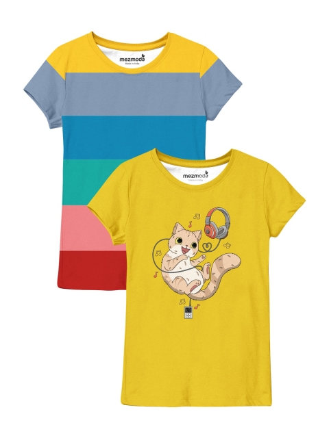 

mezmoda Girls Yellow & Blue Set Of 2 Printed T-shirt