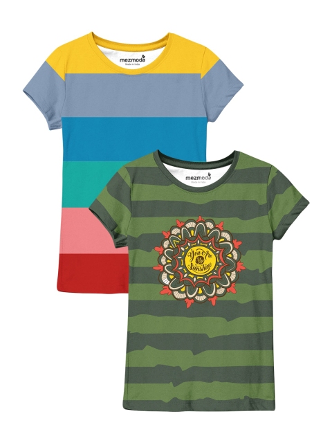 

mezmoda Girls Pack Of 2 Multicoloured & Green Striped T-shirt, Multi